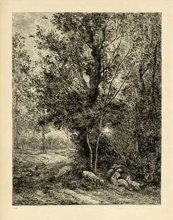 Charles Daubigny "Le Berger et la Bergere" original: Medium: original etching. Catalogue references: Delteil 122. Executed by Barbizon artist Charles Daubigny in 1874, this impression on laid paper was published in Paris in 1921 by Loys Delteil for his