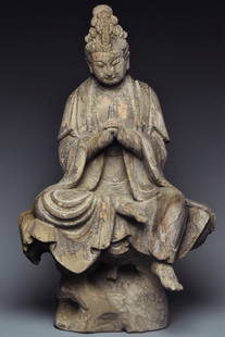 A SONG DYNASTY WOOD FIGURE OF GUANYIN: A SONG DYNASTY WOOD FIGURE OF GUANYIN. Dimensions: 19 3/4 x 12 1/4 x 8 in. High resolution pictures can be found at https://file.ac/mKgD6Ftiv44/