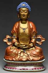 A PORCELAIN SHAKYAMUNI BUDDHA QIANLONG PERIOD: AN ENAMELLED PORCELAIN FIGURE OF SHAKYAMUNI BUDDHA QIANLONG PERIOD AND BOX. Dimensions: 10 3/4 x 7 x 5 1/2 in. Provenance: From the collection of Charles George(1898-1983). Manager of Sir Victor