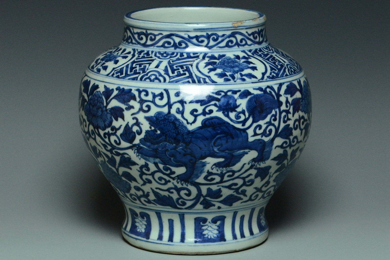 A MING DYNASTY BLUE AND WHITE PORCELAIN JAR: A Ming Dynasty Blue and White Porcelain Jar. Dimensions: 9 1/2 x 9 1/4 in. High resolution pictures can be found at https://file.ac/kdd_Ef7sMjc/