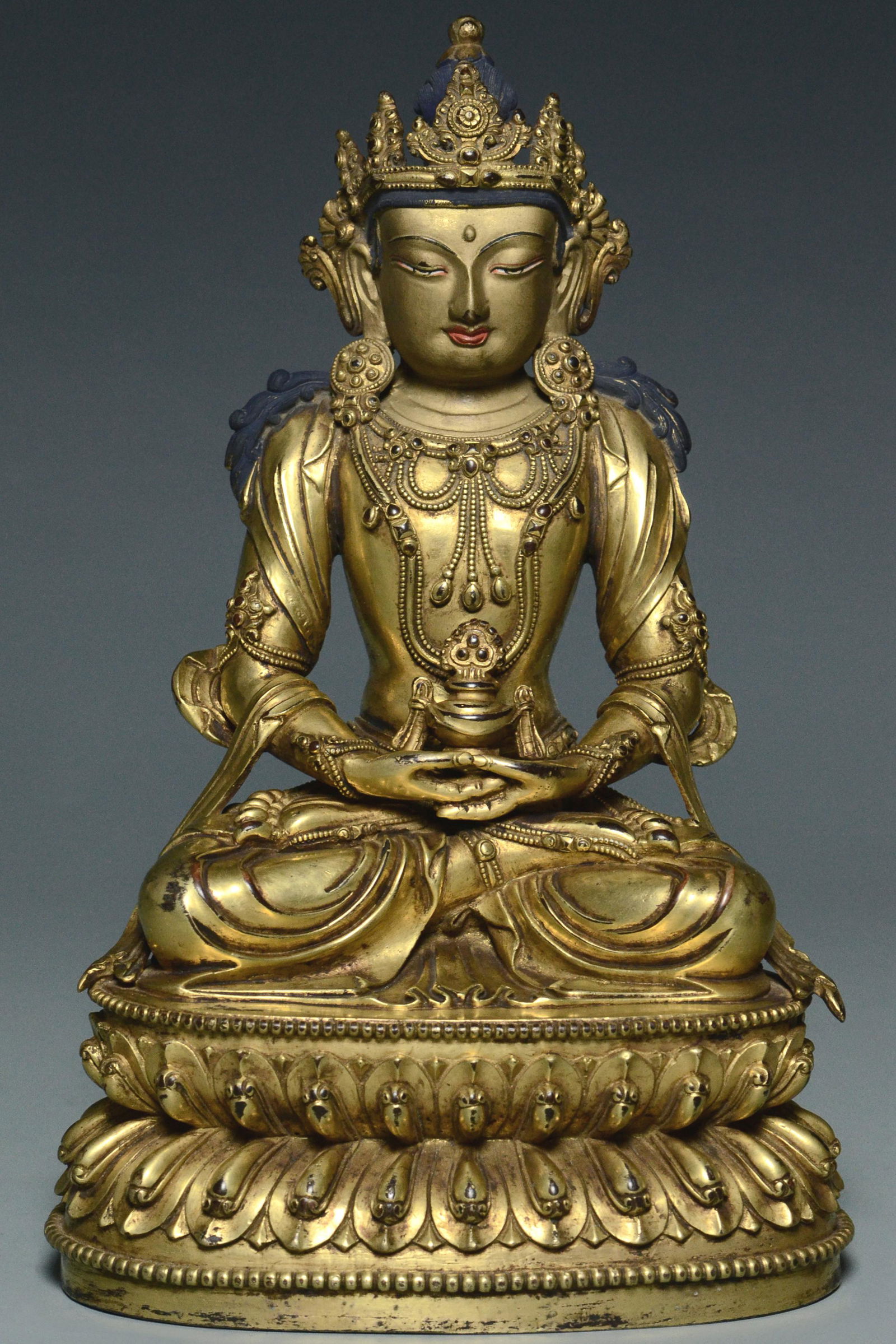 A MING DYNASTY GILT BRONZE FIGURE OF AMITAYUS (1 of 14)