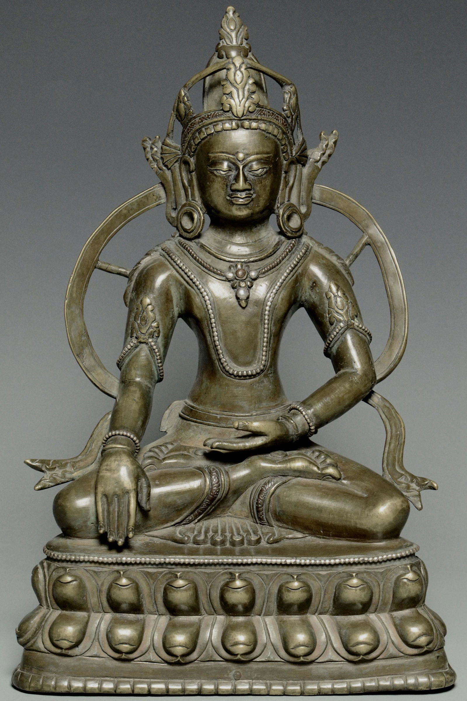 A SILVER-INLAID BRONZE CROWNED BUDDHA 14TH C (1 of 16)