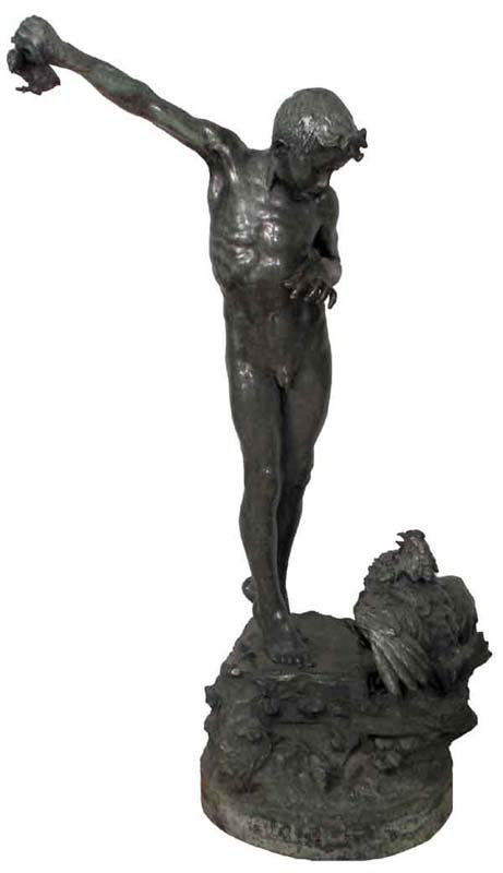 Signed. 74" bronze young boy with chick & hen: Outstanding ca. 1850 signed Joris & Caille & Boise life size bronze and patinaed figural statue of young boy with chick and hen - 74"h - This is a two-day auction we only have one day on ebay live. We
