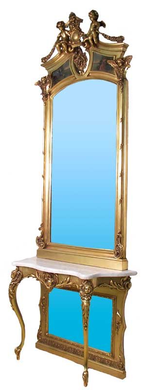 9' water gilt m/t pier table & matching mirror: Wonderful 9' water gilt marble top pier table and matching mirror with paint decorated panel with winged cupid crest – 110"h x 41"w x 17"d - This is a two-day auction we only have one day on ebay li