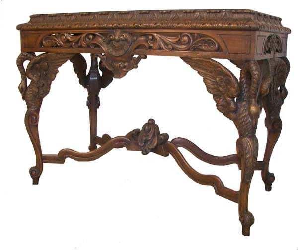 Walnut m/t pier table with standing swans: Super ca. 1890 American carved walnut marble top pier tables with standing swans - 32 1/2"h x 44"w x 23"d - This is a two-day auction we only have one day on ebay live. We also have absentee & phone b