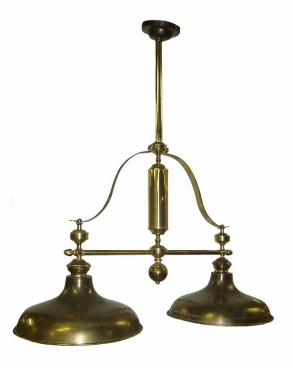 Ca. 1910 double arm brass pool table light: Ca. 1910 double arm brass pool table light - 38" fall x 36"w - This is a two-day auction we only have one day on ebay live. We also have absentee & phone bidding available, to set that up please call