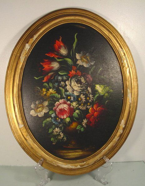 ITALIAN ANTIQUE PAINTING STILL LIFE OF FLOWERS BY: OIL ON CANVAS MEASURES ABOUT 16"X 12" IN ITS WOOD FRAME IT IS 18 X 15 THE OIL ON CANVAS SHOWS A BEAUTIFUL DISPLAY OF FLOWERS SIGNED IN LOWER RIGHT BY BERTINI DATING TO ABOUT 1930 THERE IS A BRIEF BIO