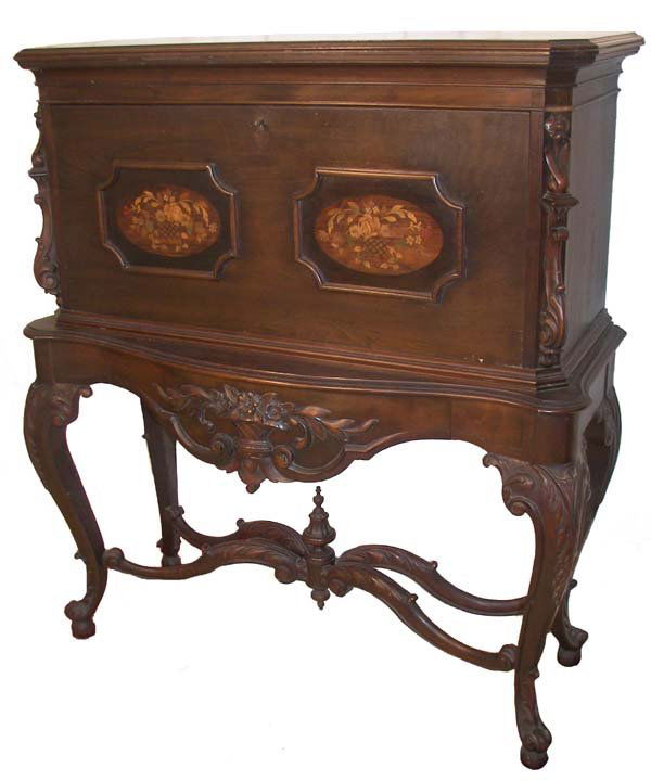 Walnut drop front secretary w/painted door panels: Super American walnut drop front secretary with hand painted door panels, carved flowers, and full interior - 48"h x 43"w x 18"d