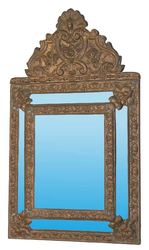 18th C. embossed brass beveled mirror
