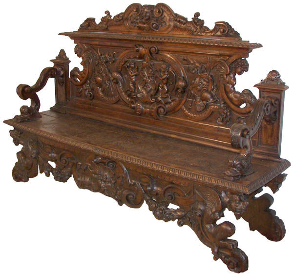 Renaissance walnut hall bench w/griffins,dolphins