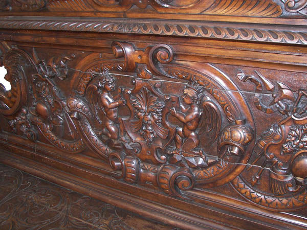 Renaissance walnut hall bench w/griffins,dolphins - 3