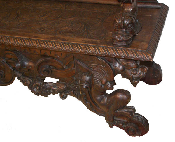 Renaissance walnut hall bench w/griffins,dolphins - 4