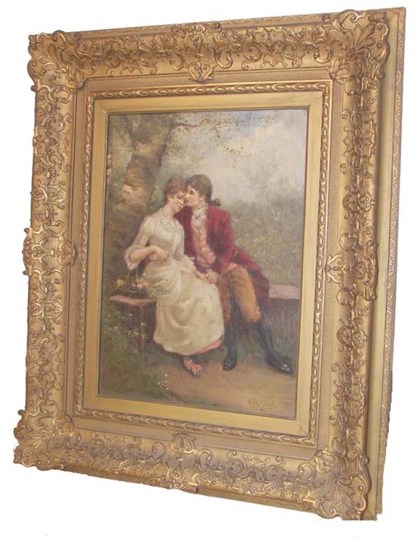 19th C. oil on canvas of courtship/ period frame