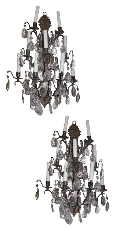 Pair of large 19th C. bronze and crystal sconces