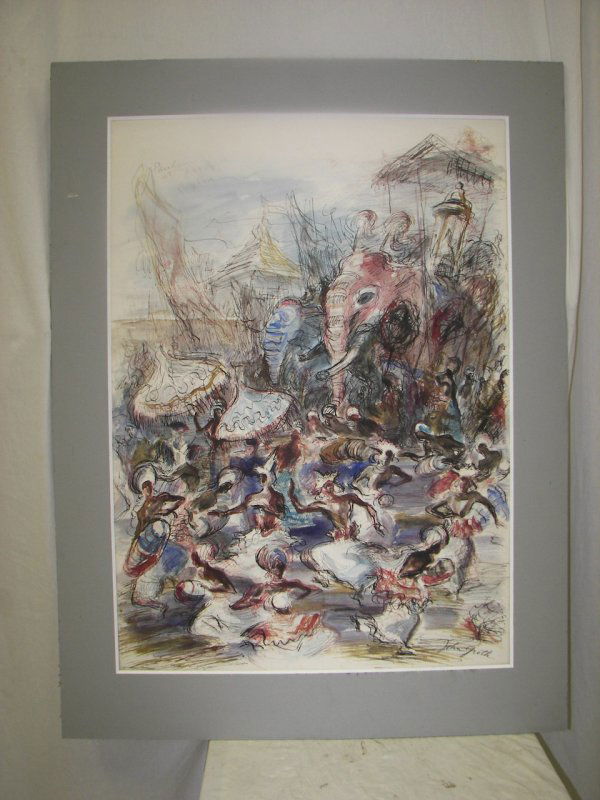 Abstract Watercolor signed John Groth: Abstract Watercolor " Parahara at Candy, Ceylon" signed John Groth