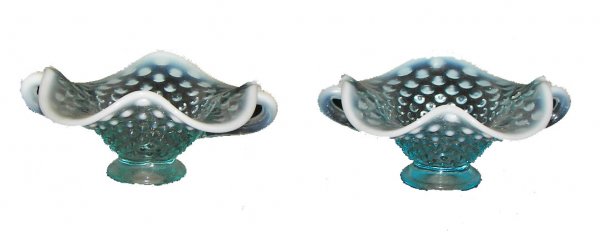 Pair of Victorian blue hobnail double handle can
