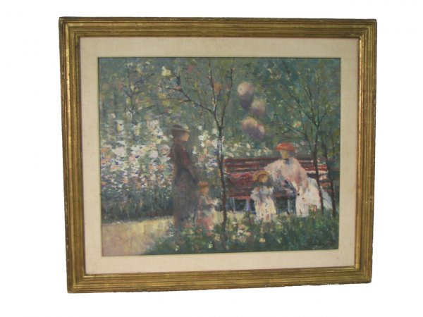 19th C. oil on canvas women,children in park sgd.