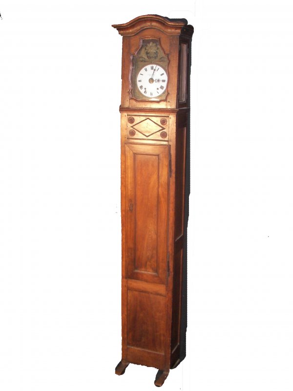 18th C. walnut tall case French clock 8'4"h