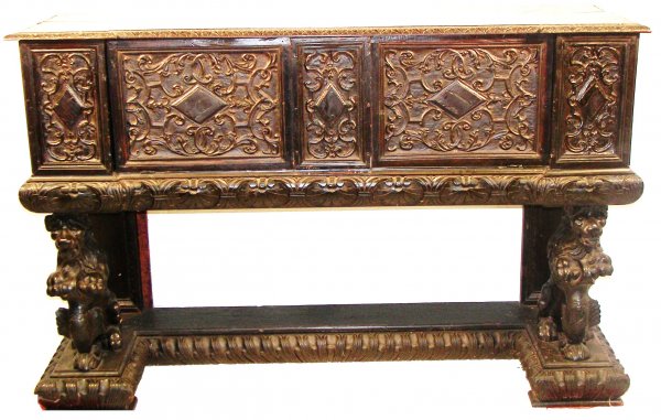 18th C. carved cassone with detail carved lions on
