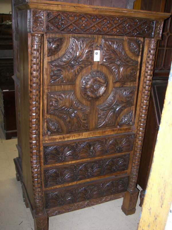 Early 19th C. detail carved oak Gothic dropfront de