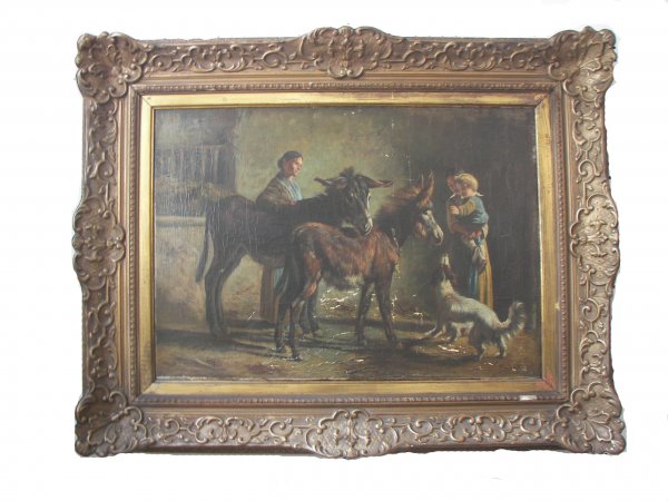 19th C. framed oil on canvas barnyard with donkeys?