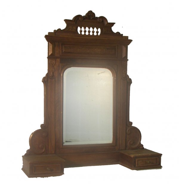 19th C. carved walnut dressing mirror with 2 drawer