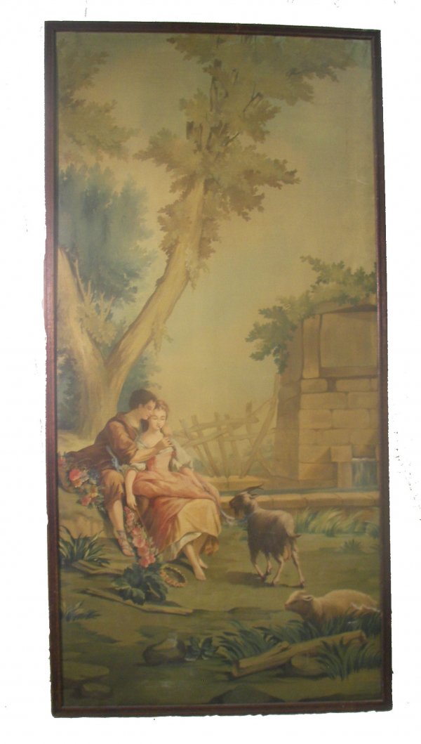 Large French tapestry painting of young lovers 90"