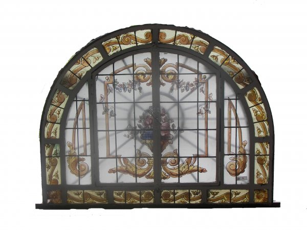 19th C. stained,leaded and hand painted arched glas