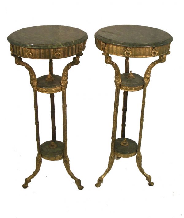 Pair round 2 tier marble top stands