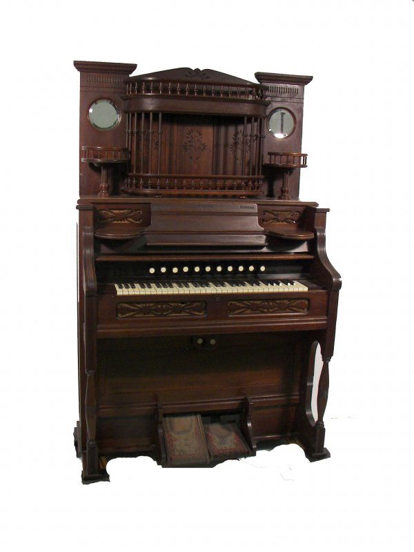 1890's Eastlake walnut organ w/spindles,mirrors: 1890's walnut Eastlake organ with spindle top,spoon carvings,adjustable stool and beveled mirrors made by Estey Company, Brattleboro, VT 701/2"hx46"wx22"d