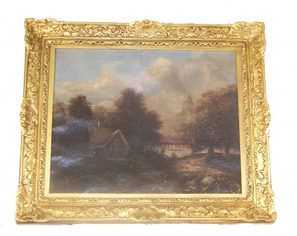 19th C. o/c English landscape house by stream