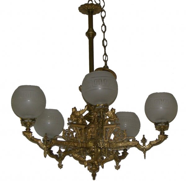 Renaissance dore bronze 5 arm figural gasolier