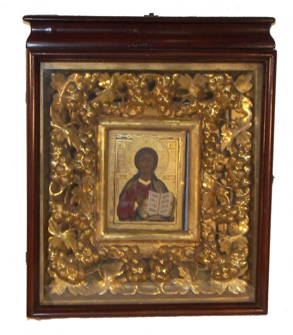 18th C. Russian icon in water gilded frame