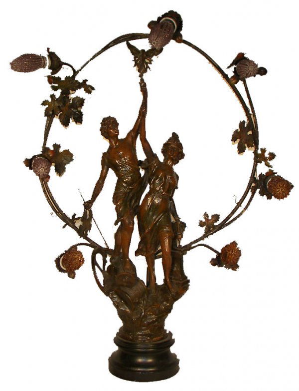 Ca. 1910 spelter double figural newel post light: Period Art Nouveau spelter double figural newel post light with beaded shades 32"hx22"w