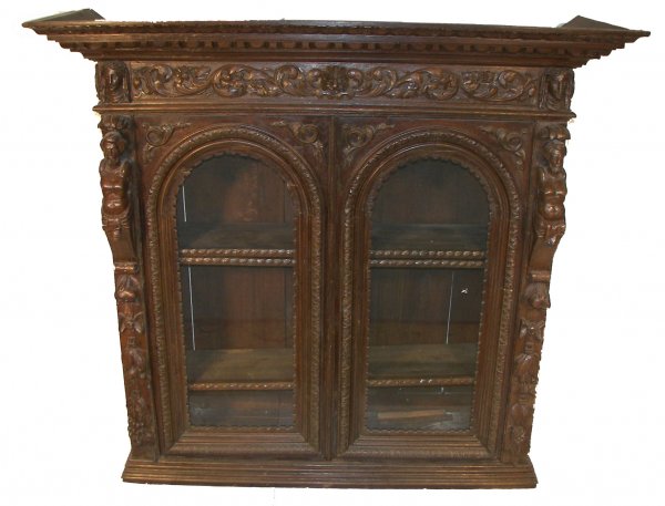 19th C. carved oak man of the mountain bookcase: 19th C. carved oak man of the mountain bookcase