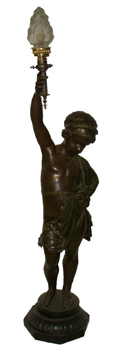 19th C. patinaed bronze figural newel post light: 19th C. patinaed bronze figural newel post light with cherub