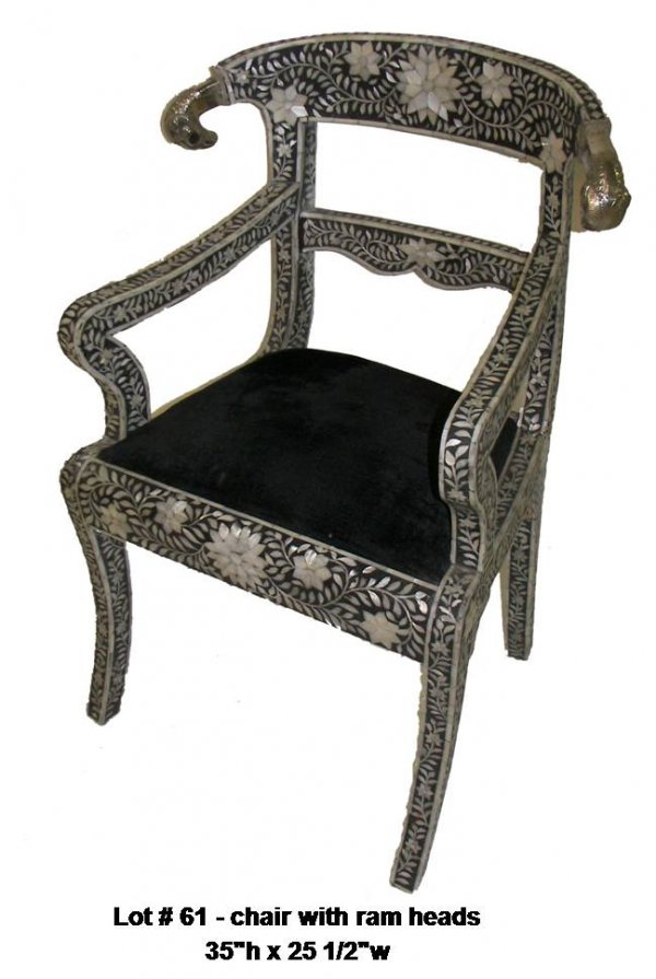 Moroccan inlaid abalogne arm chair w/ ram heads: Antique Moroccan inlaid abalogne arm chair with ram heads 35"h x 25 1/2"w