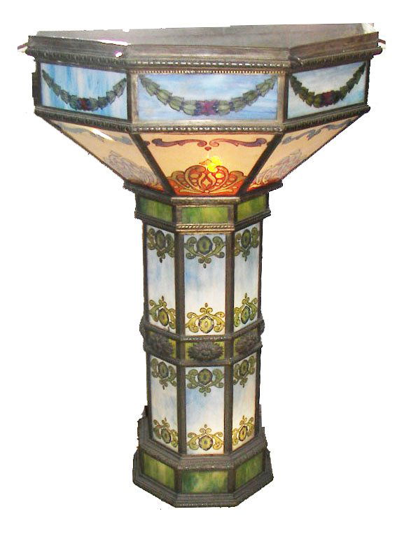 Bigalow & Kinnard stained glass wall fountain: 19th C. Bigalow & Kinnard stained glass and painted wall fountain
