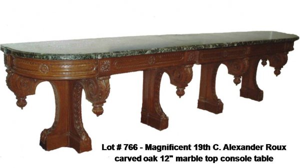 Magnificent 19th C. Alexander Roux carved oak 12": Magnificent 19th C. Alexander Roux carved oak 12" marble top console table