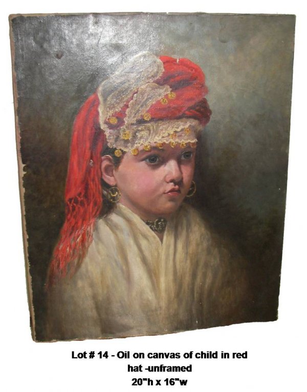 19th C o/c canvas of child in red hat- unframed: 19th C. oil on canvas of child in red hat -unframed 20"h x 16"w