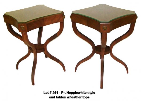 Pr. Hepplewhite style end tables w/leather tops: Pr. Hepplewhite style end tables w/leather tops