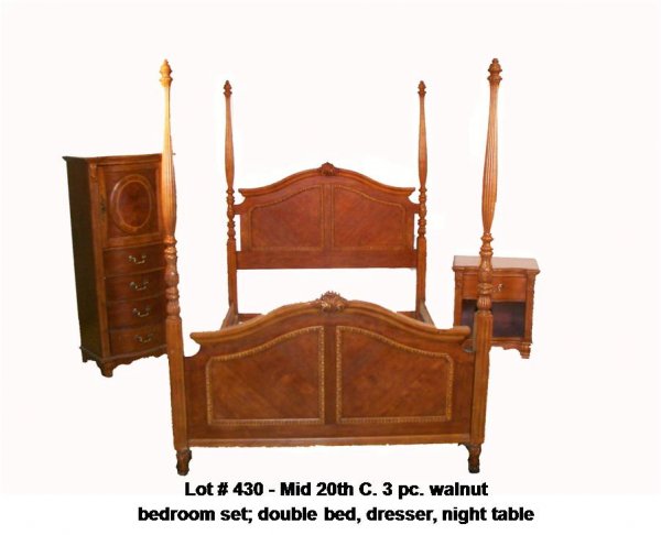Mid 20th C. 3 pc. walnut bedroom set: Mid 20th C. 3 pc. walnut bedroom set;double bed,dresser,night table
