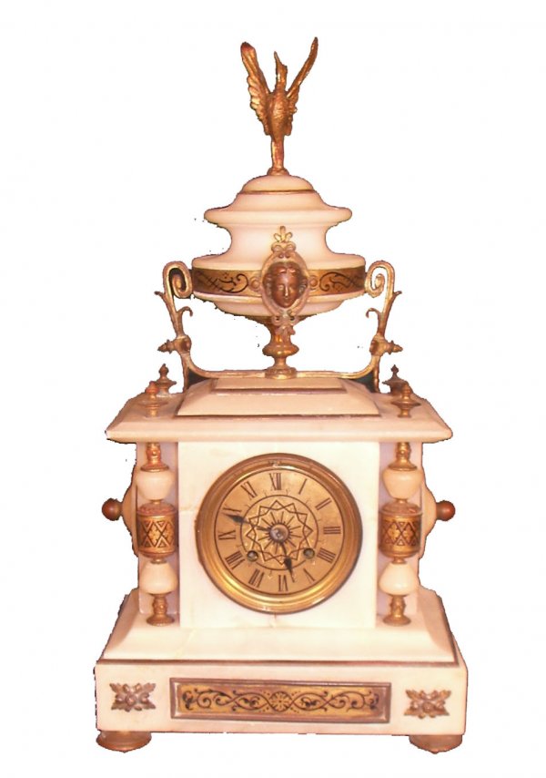 Egyptian Revival alabaster & bronze mantle clock: Egyptian Revival alabaster & bronze mantle clock