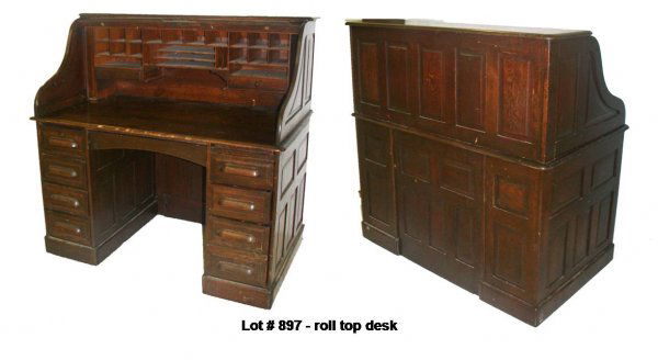 Oak "S" roll top desk w/full panel back: Oak roll top desk w/full panel back and S roll