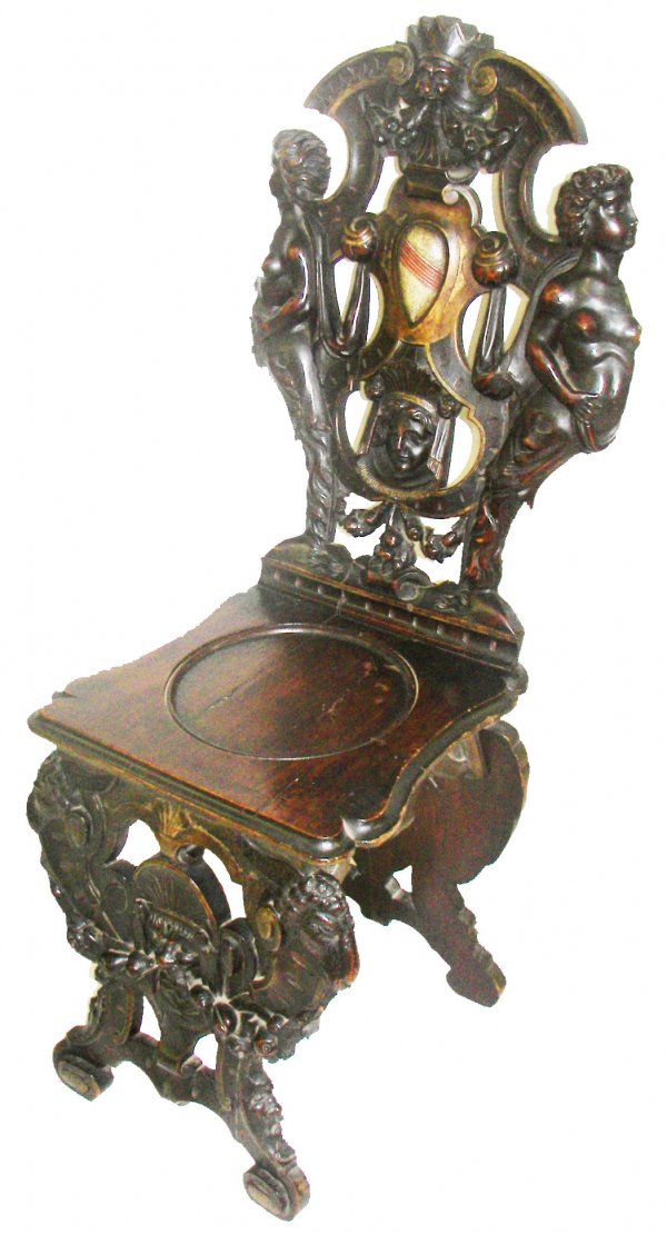 Ca. 1850 figural carved walnut hall seat: Ca. 1850 figural carved walnut hall seat