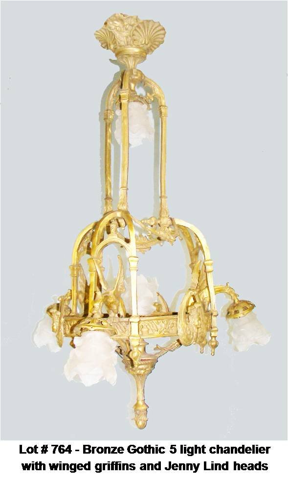 Bronze Gothic 5 light chandelier w/ griffins: Bronze Gothic 5 light chandelier with winged griffins and Jenny Lind heads