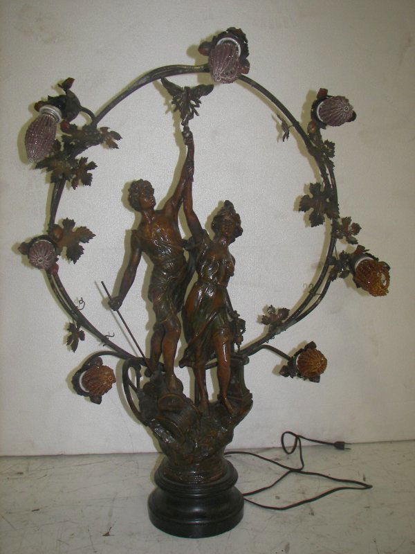 Ca. 1910 spelter double figural newel post light: Ca. 1910 spelter double figural newel post light