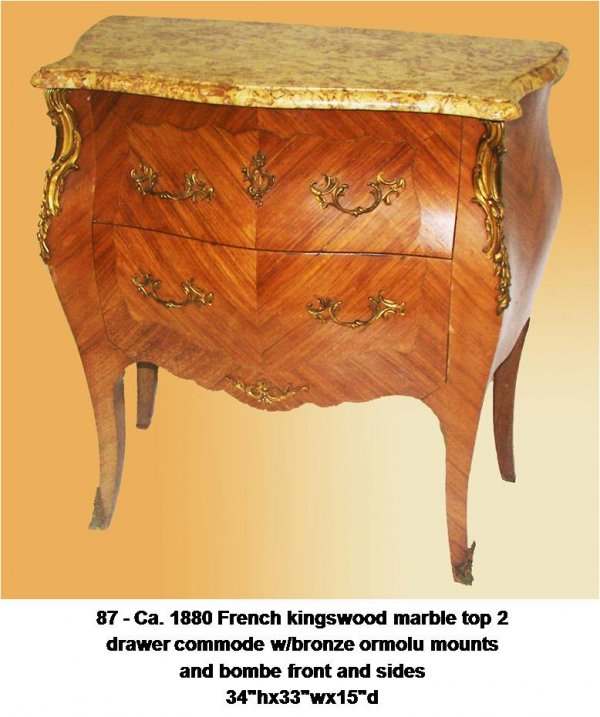 French marble top commode w/bronze ormolu: Ca. 1880 French kingswood marble top 2 drawer commode w/bronze ormolu mounts and bombe front and sides34"hx33"wx15"d