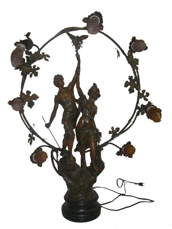 Ca. 1910 spelter double figural newel post light: Ca. 1910 spelter double figural newel post light
