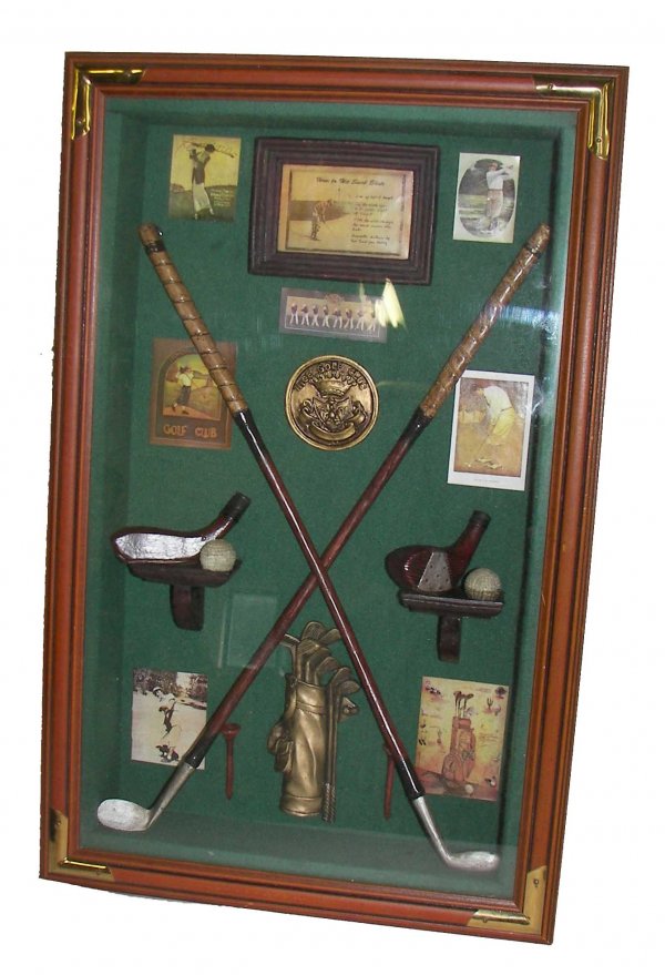 Shadow box of golf memorbilia: Shadow box of golf memorbilia 20"hx13"w